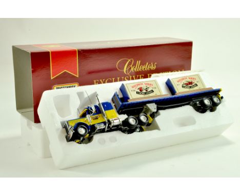 Matchbox Diecast Truck issue comprising Peterbilt Truck with Trailer plus duo of boxed Matchbox Series issues as load. Hard t