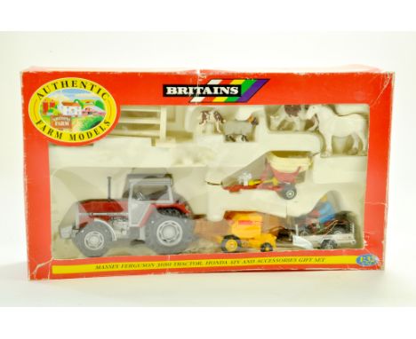 Britains 1/32 Farm issue comprising No. 9669 Massey Ferguson 3680, Honda ATV and Accessories Set. Appears very good to excell