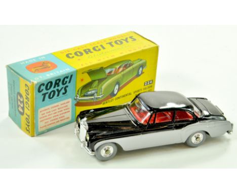 Corgi No. 224 Bentley Continental Sports Saloon. Issue is two-tone black, silver, red interior with spun hubs. Appears very g