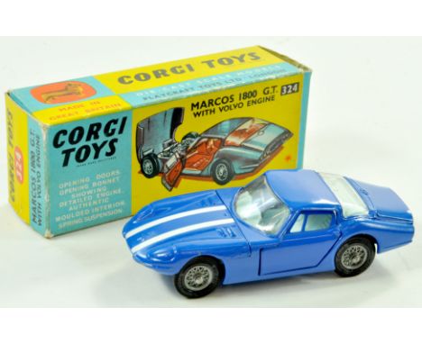 Corgi No. 324 Marcos 1800 GT. Issue has blue body, white bonnet stripes, pale blue interior with figure driver and wire wheel