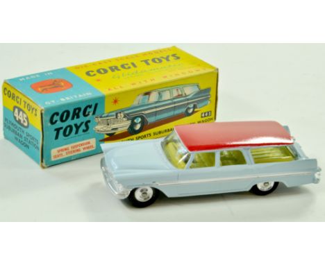 Corgi No. 445 Plymouth Sports Suburban Station Wagon. Issue is pale blue with red roof, lemon interior, silver trim and spun 
