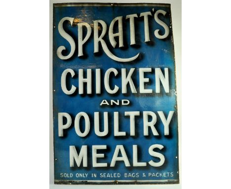 An original Blue Spratts Antique Enamel Advertising Sign for Spratts Chicken and Poultry Meals. Very early 20th Century. Widt