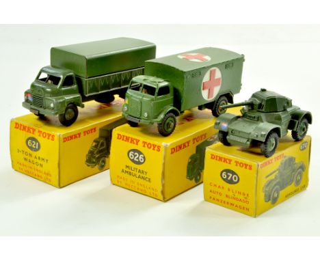 Dinky Group of Military Vehicles comprising 3 Ton Wagon, Military Ambulance and Armoured Car. All generally very good to exce