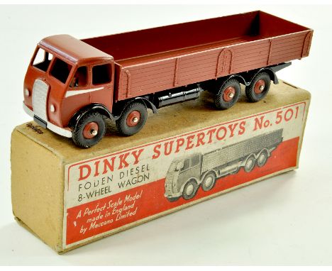 Dinky No. 501 Foden (1st type) Diesel 8-wheel Wagon. Issue has Maroon Cab with black chassis, Maroon back, silver flashes and