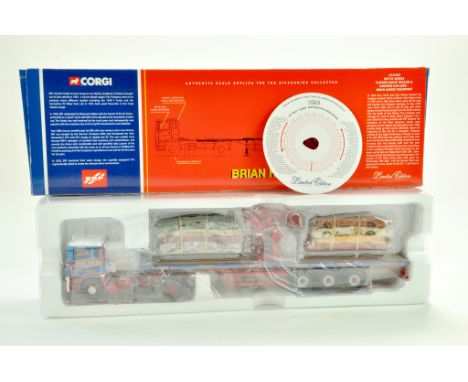 Corgi Diecast Truck issue comprising No. CC11910 ERF EC Flatbed Crane Trailer with Crushed Car Load in the livery of Brian Ha