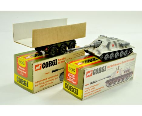 Corgi Duo of Military Models, No. 906 and 905. Very good to excellent in very good to excellent boxes. Note: We are always ha