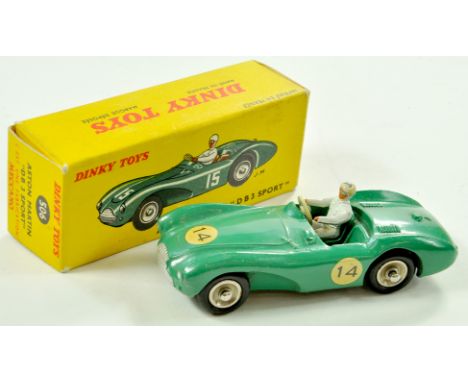 French Dinky No. 506 Aston Martin DB3 Sport. Issue is green including interior with driver, silver trim and racing number 17.