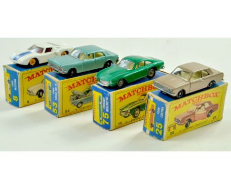 Matchbox Regular Wheels Group comprising Ford GT, with Mustand Box, No.53 Ford Zodiac, No. 75 Ferrari and No. 25 Ford Cortina