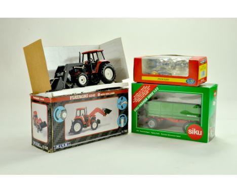 Ertl Farm 1/32 issue comprising Fiatagri G240 Tractor with Loader plus Britains Plough Set and Siku Tipping Trailer. Generall