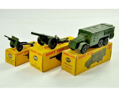 Dinky Group of Military Vehicles comprising Field Gun, Howitzer and Armoured Command Vehicle. All generally very good to exce