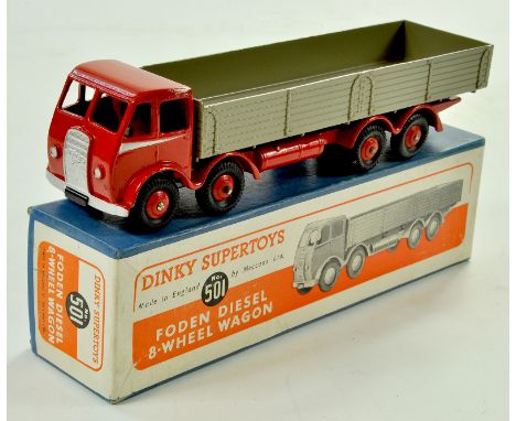 Dinky No. 501 Foden (1st type) Diesel 8-wheel Wagon. Issue is Red, with red cab and chassis, fawn back, silver flashes and re
