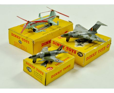 Dinky Trio of aircraft including Bristol Helicopter, Gloster Javelin and Hawker Hunter, note Hunter is actually Supermarine S
