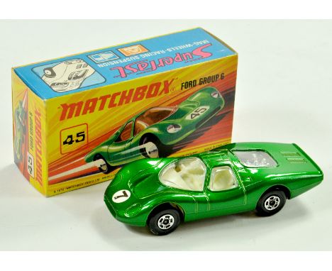 Matchbox Superfast No. 45a Ford Group 6. Issue has metallic green body with racing number 7, clear windows, ivory interior, c