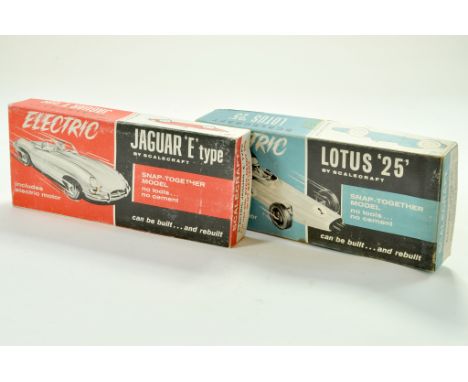 Duo of Scalecraft Model Kits comprising Jaguar E Type plus Lotus 25. Includes two box lids, but only one base box. Complete. 