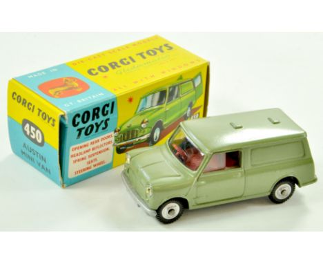 Corgi No. 450 Austin Mini Van. Issue has green body, red interior and spun hubs. Appears to be a fine, very good to excellent