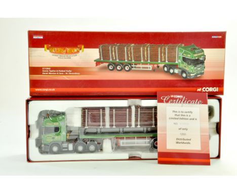 Corgi 1/50 diecast truck issue comprising No. CC12942 Scania Topline and Flatbed Trailer with Log Load in the livery of Derek