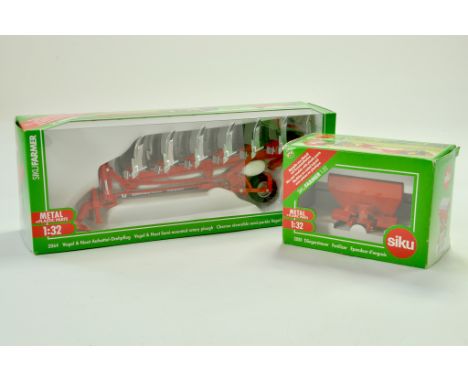 Siku 1/32 Farm issue comprising Vogel and Noot Rotary Plough plus Fertiliser Spreader. Excellent, secured in boxes. Note: We 