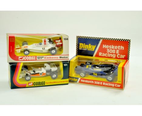 Corgi Racing cars comprising Embassy Shadow plus Yardley McLaren plus Dinky Hesketh. Excellent in boxes.  Note: We are always