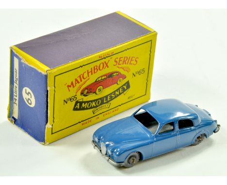 Matchbox Regular Wheels No. 65a Jaguar 3.4 litre Saloon. Issue has blue body, silver trim, black base and grey plastic wheels