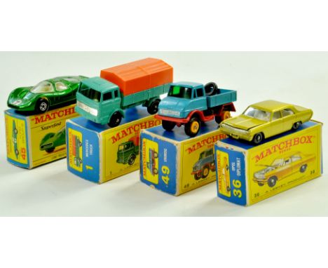 Matchbox Regular Wheels Group comprising No. 45 Ford Group 6, No. 1 Mercedes Truck, No. 49 Unimog and No. 36 Opel Diplomat. G