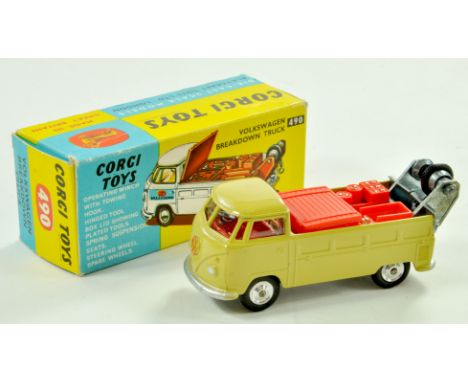 Corgi No. 490 Volkswagen Breakdown Truck. Issue has avocado green body, red interior, silver trim and spun hubs. A lovely exa