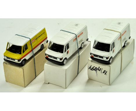 Trio of hard to find Conrad Diecast Mercedes Commercial Promotional Vans. Various liveries. Very good with boxes. Note: We ar
