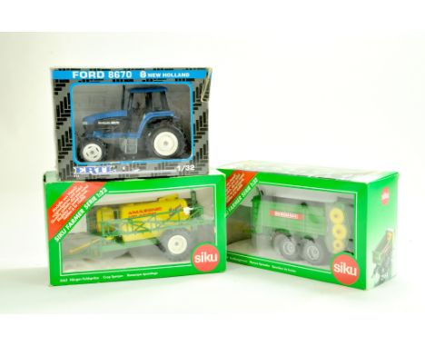 Siku Farm 1/32 issues comprising Bergmann Manure spreader and Amazone Sprayer plus Ertl Ford 8670 Tractor. Generally excellen