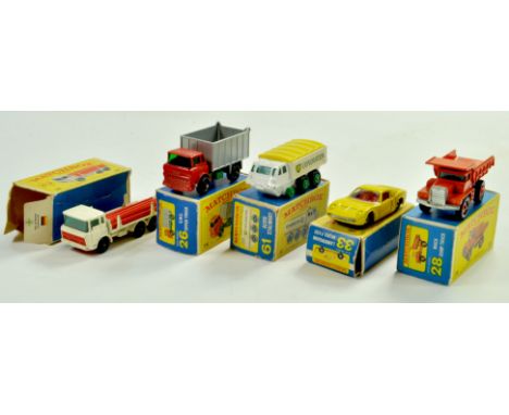 Matchbox Regular Wheels Group comprising No. 58 Pipe Truck, No. 26 GMC Tipper Truck, No. 61 Alvis, No. 33 Lamborghini and No.