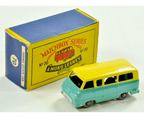 Matchbox Regular Wheels No. 70a Ford Thames Estate Car. Issue is two-tone yellow / turquoise, black base, silver trim and gre