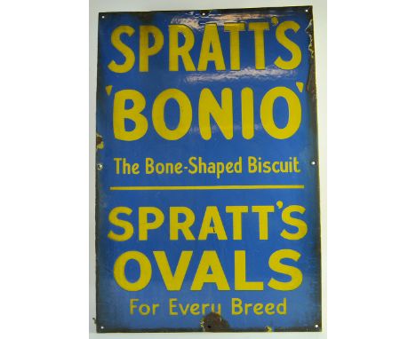 An original Blue Spratts Antique Enamel Advertising Sign for Spratts Bonio and Spratts Ovals. 1920's. Width 57cm, Height 76cm