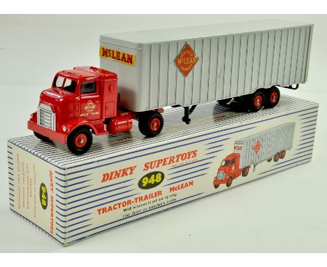 Dinky No. 948 Tractor-Trailer McLean. Issue has red cab and plastic hubs, light grey Trailer with black base and red plastic 