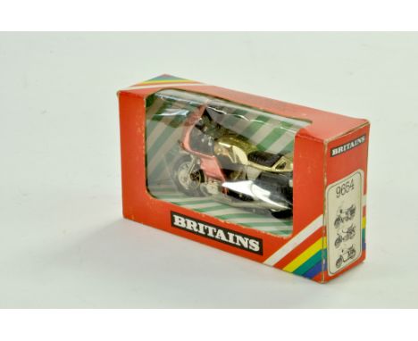 Britains 1/32 Motorcycle issue comprising No. 9654. Gold and red Chrome Finish. Appears very good to excellent in box.  Note: