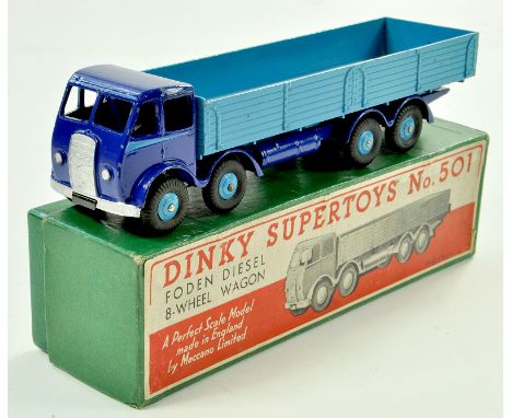 Dinky No. 501 Foden (1st type) Diesel 8-wheel Wagon. Issue is two-tone blue, with dark blue cab and chassis, mid-blue back, f