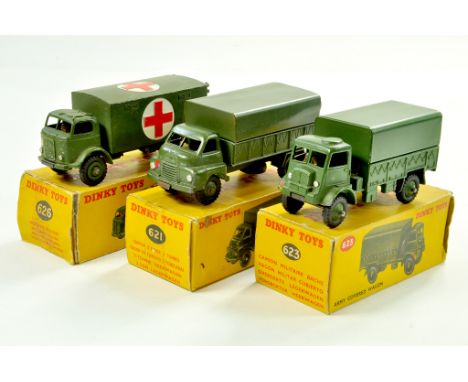 Dinky Group of Military Vehicles comprising Military Ambulance, 3 Ton Truck and Covered Wagon. All generally very good to exc