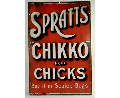 An original Red Spratts Antique Enamel Advertising Sign for Spratts Chikko Chick food. Very early 20th Century. Width 50cm (1