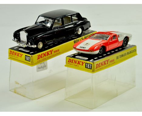 Dinky No. 152 Rolls Royce, missing headlights plus No. 187 De Tomaso. Generally very good to excellent in very good plinth bo