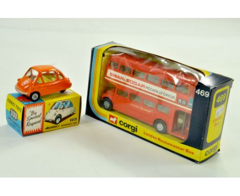 Corgi No. 233 Heinkel Bubble Car plus No. 469 Routemaster bus in the livery of Swan. Very good to excellent in good to very g