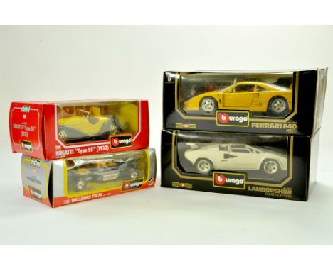 A group of Burago 1/18 diecast car issues comprising Bugatti, Williams, Ferrari and Lamborghini. Appear very good to excellen