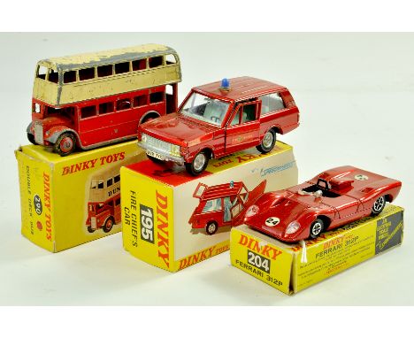 Dinky Trio comprising Double Decker Bus, Fire Chief Range Rover and Ferrari 312P. Fair to very good in fair to good boxes. No