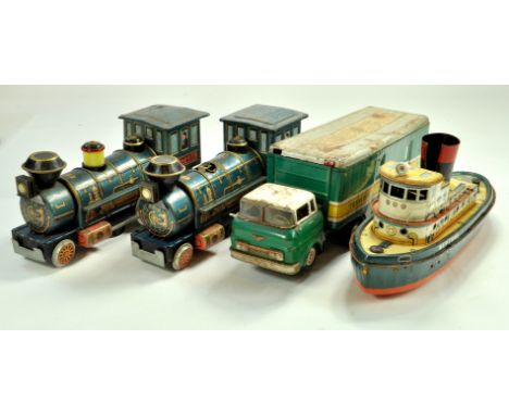 A group of tinplate comprising duo of Modern Toys Locomotives, Truck and Boat. All generally worn, hence fair to good. Note: 