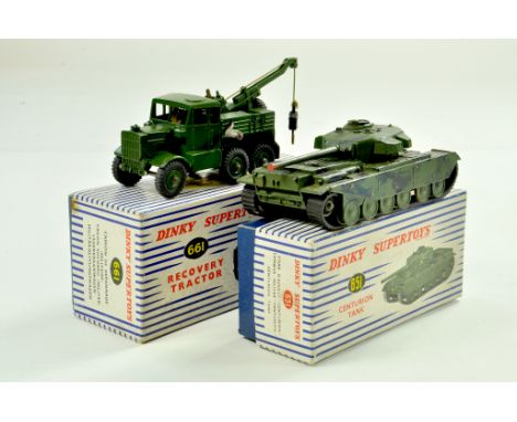 Dinky Duo of Military Vehicles comprising Centurion Tank (painted over) and recovery Tractor. Generally very good in good box