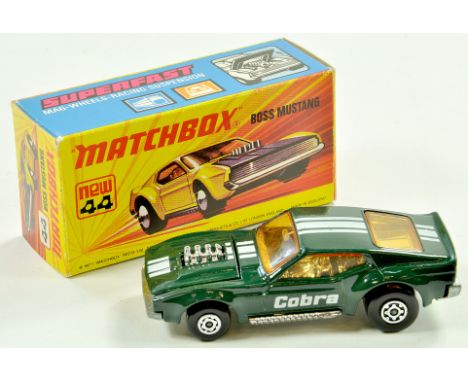 Matchbox Superfast No. 44b Ford Boss Mustang (US issue). Issue has dark green body with white Cobra print, amber windows, chr