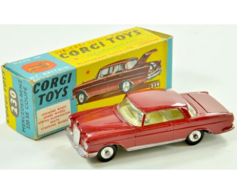 Corgi No. 230 Mercedes 220 SE Coupe with dark red body. Some rubbing and wear, mostly along edges, hence good to very good in
