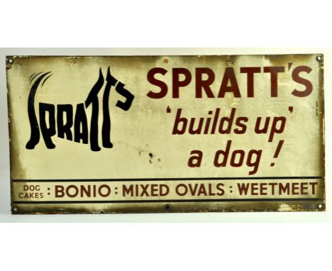 An original Spratts Antique Enamel Advertising Sign for Spratts Build a Dog Up. 1940's. Width 60cm, Height 30cm. In well pres