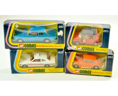 Corgi Diecast boxed group comprising Rolls Royce, Ford Cortina Police Car, DAF City and Volkswagen 1200. Generally very good 