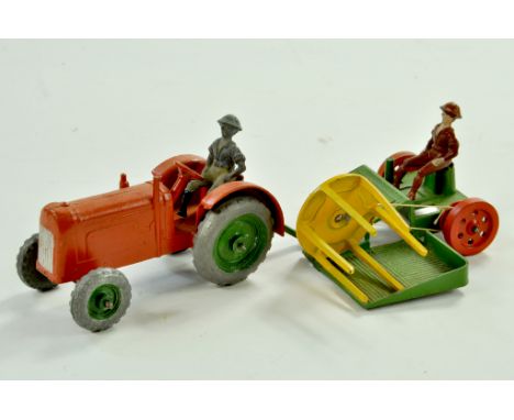 Charbens No.19 Tractor and Reaper with two drivers. Tractor is in orange with green and silver metal wheels,  Reaper is green