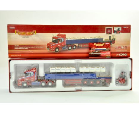 Corgi 1/50 diecast truck issue comprising No. CC12824 Scania T Dropside Trailer with Sandbag Load and Moffett Mounty in the l