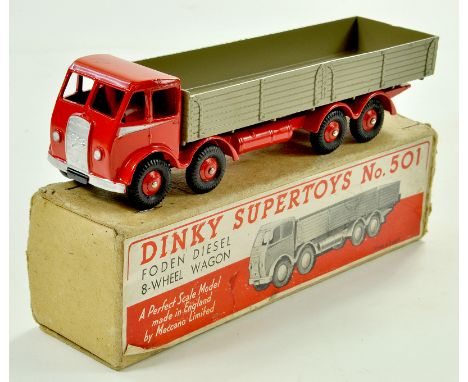 Dinky No. 501 Foden (1st type) Diesel 8-wheel Wagon. Issue is Red, with red cab and chassis, fawn back, silver flashes and re