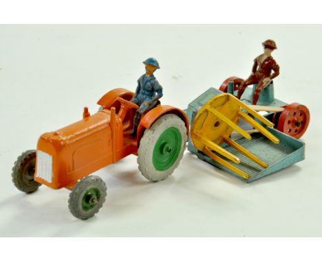 Charbens No.19 Tractor and Reaper with two drivers. Tractor is in orange with green and silver metal wheels, Reaper is light 