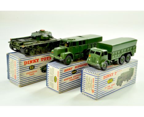 Dinky Group of Military Vehicles comprising Centurion Tank (painted over), Artillery Tractor and 10 Ton Truck. Generally very